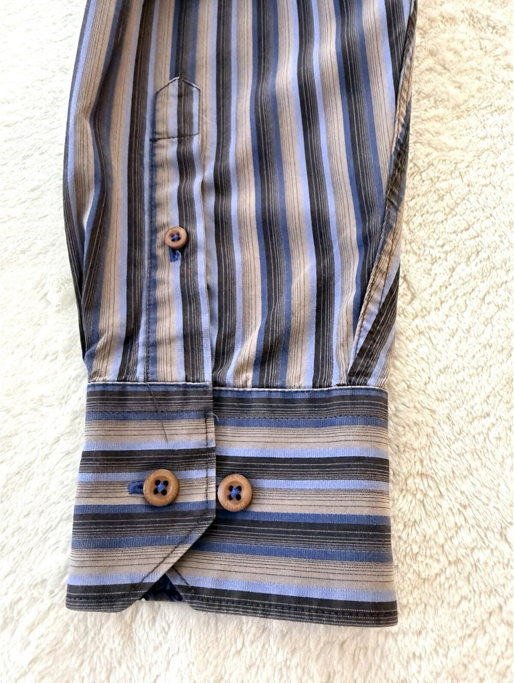 Bugatchi Uomo Mens XL Dress Shirt Blue Brown Striped 100% Cotton Button Up - Picture 7 of 9